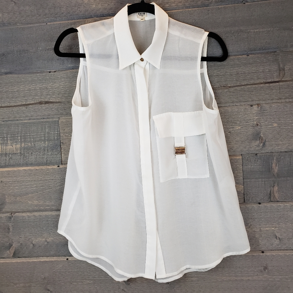 UNIQ Sheer White Button Down Small Sleeveless Top